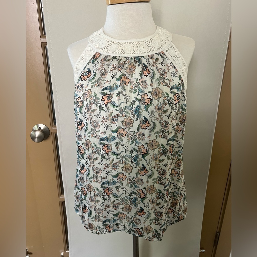 Pale Sky‎ Womens Small Floral Lace Trim High Neck Tank Top